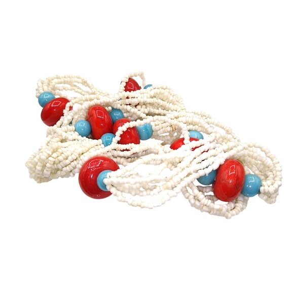 White Seed Beads Necklace with Glazed Ceramic Beads in Red and Blue, Patriotic - Picture 3 of 4